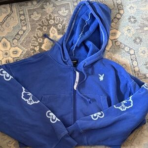 PacSun Playboy Royal Blue Zip Hoodie with White Flower Accents